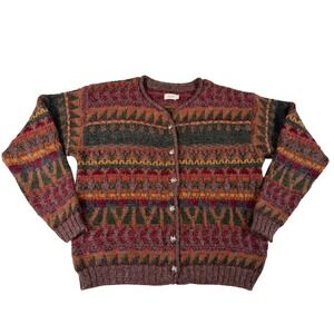 Vintage Alps Fair Isle Cardigan Sweater  Maple Leaf Buttons USA Wool Nordic Sz L